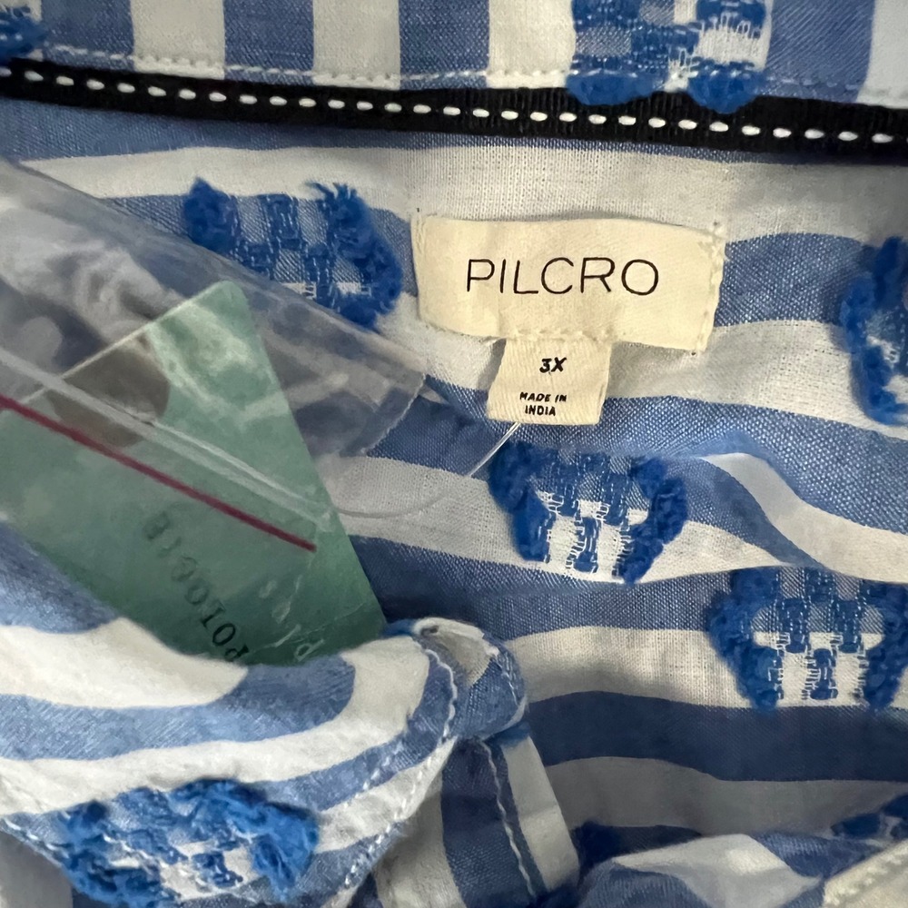 Anthropologie Pilcro Plus 3X Blue White Striped Tufted Button Down Top NEW - Picture 10 of 11